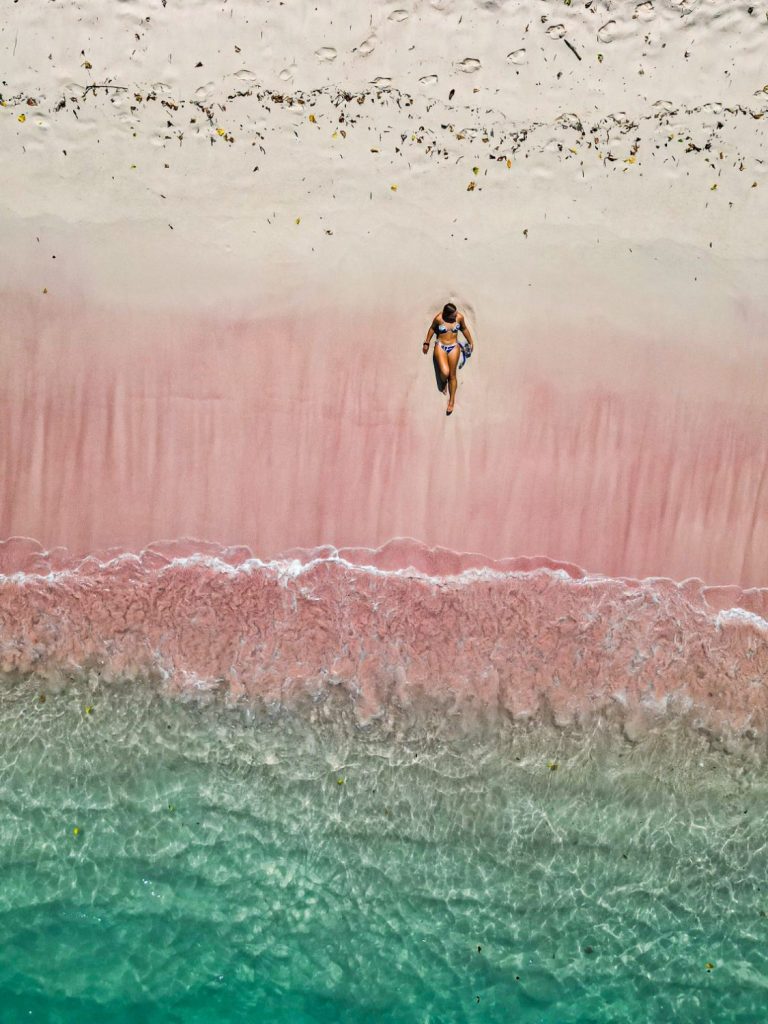 A group of nature-loving tourists take a group photo in the crystal blue water directly on Pink Beach with its beautiful pink sand.